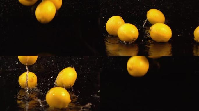 真实慢动作中掉落柠檬的四个视频