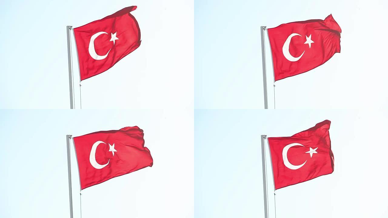 土耳其国旗在蓝天中挥舞，土耳其国旗在风中