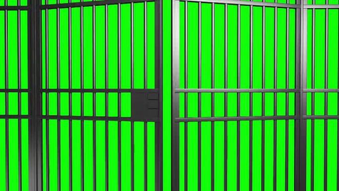 打开和关闭带有阿尔法哑光和绿色屏幕的监狱酒吧门