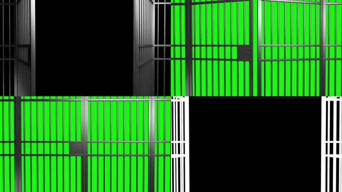 打开和关闭带有阿尔法哑光和绿色屏幕的监狱酒吧门