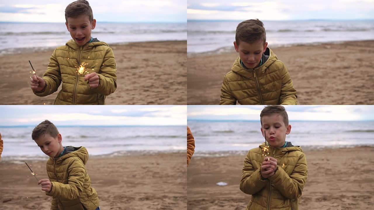 一个快乐的孩子在海滩上玩孟加拉灯，他想熄灭它们