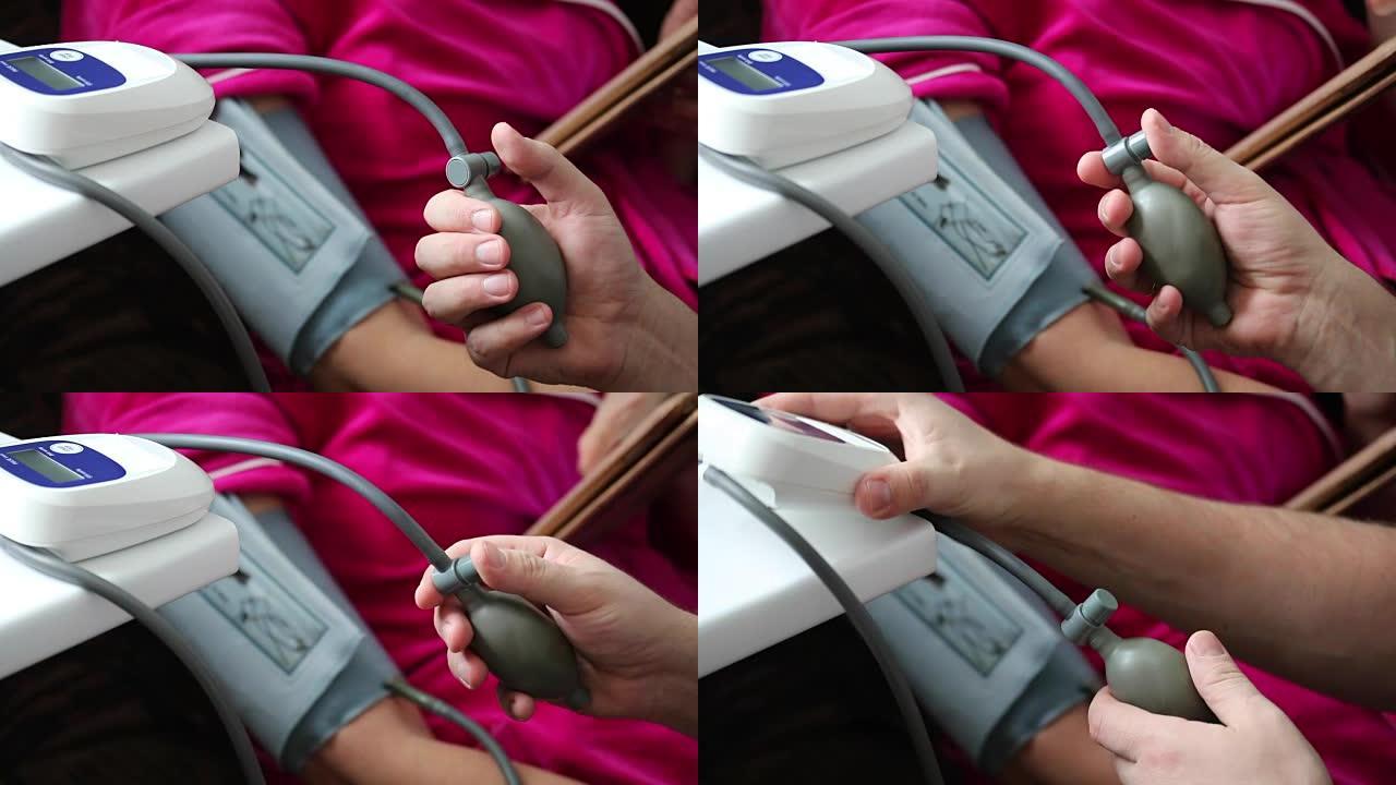 监控家里的身体状况。丈夫测量血压