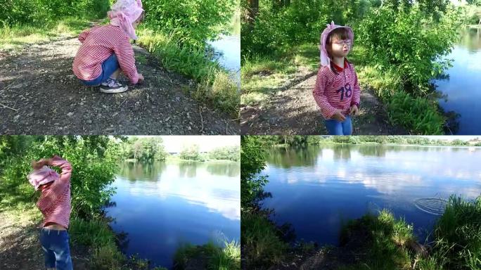 小女孩在池塘的水里扔石头。