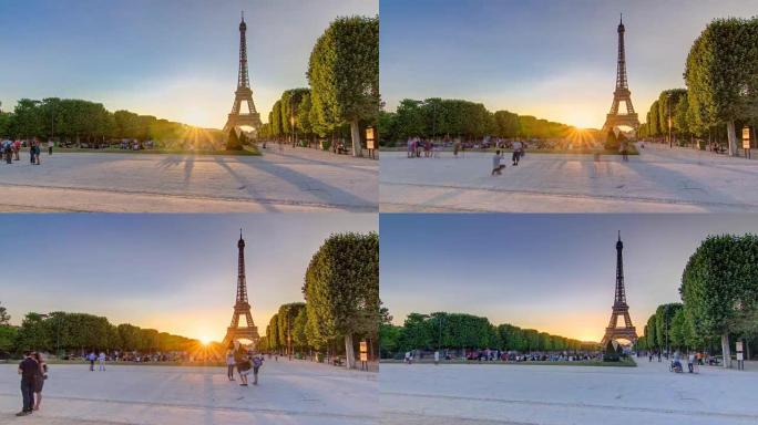 法国巴黎日落时分从战神广场看到的埃菲尔铁塔