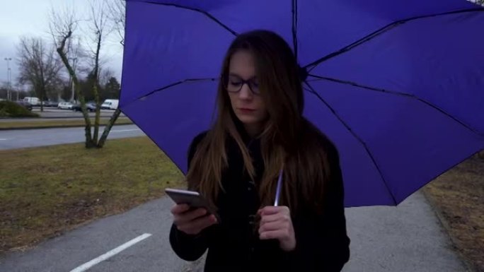 使用智能手机带伞的年轻女子