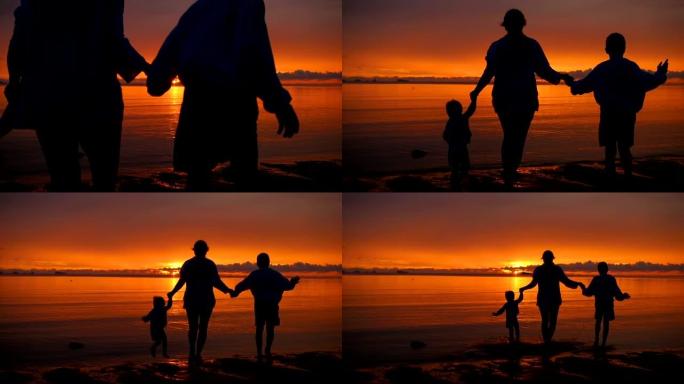 日落时分，一家人牵着手在海滩上奔向大海