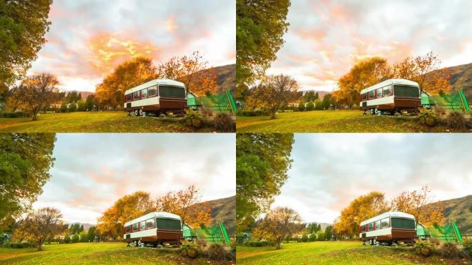 4K: 家庭公园的秋季日出，新西兰有露营车