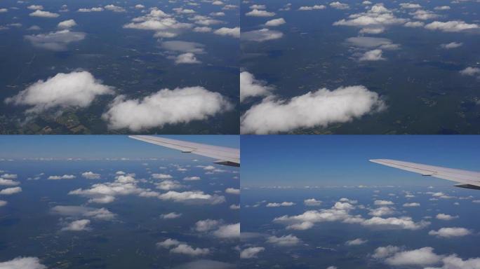 在云层上空乘飞机旅行。通过飞机窗口查看。飞越地中海