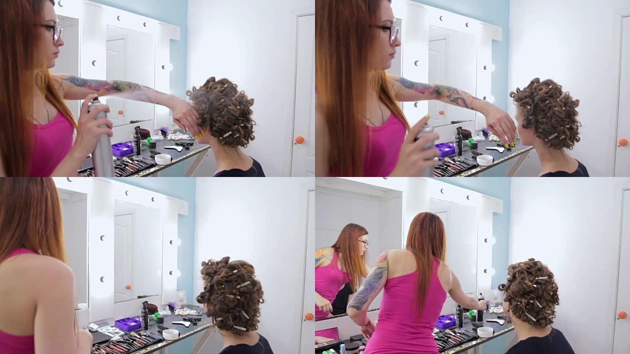 理发师为年轻漂亮的女人做发型，并使用发胶