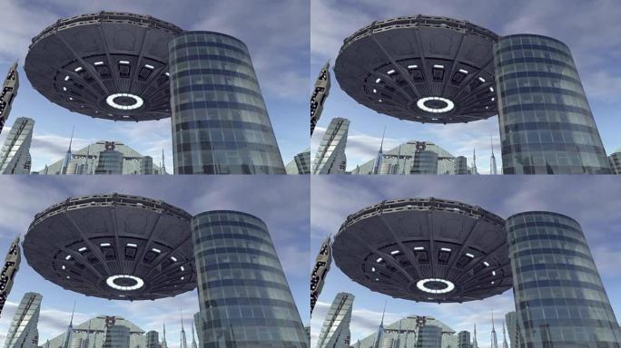 飞碟在未来主义城市上空飞行