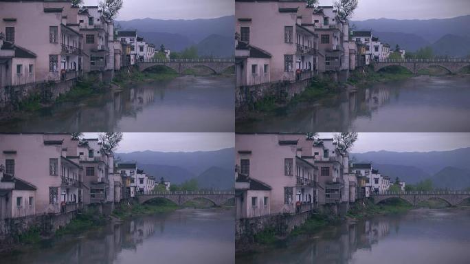 真正的中国。中国村河上的房子。