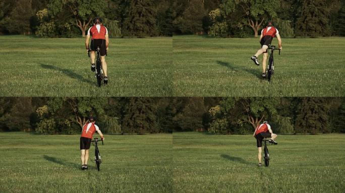骑自行车的人练习越野的慢动作镜头