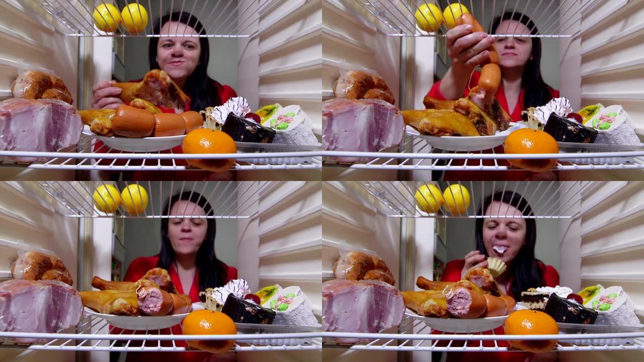 饥饿的女人晚上在冰箱里吃脂肪食物