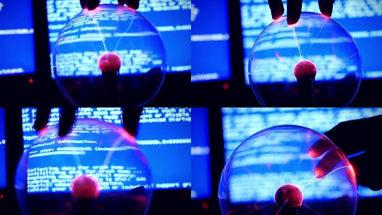 等离子球-充满稀有惰性气体的透明球体。手的慢动作在蓝色背景下触摸等离子球破碎的电脑