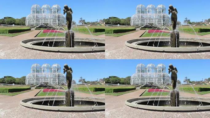 库里蒂巴-6月10 2015: 雕像，喷泉和温室在库里蒂巴植物园，巴西。