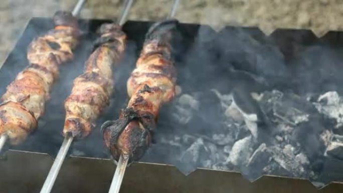 在烤架上的串烧上烹饪猪肉串
