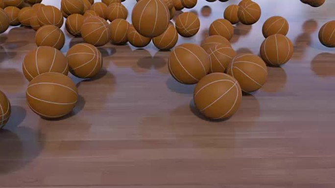 多个篮球球在木地板上滚动和弹跳。全高清ProRes剪辑