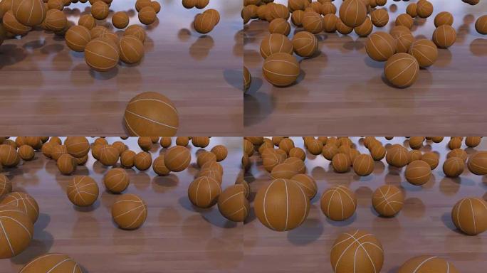 多个篮球球在木地板上滚动和弹跳。全高清ProRes剪辑