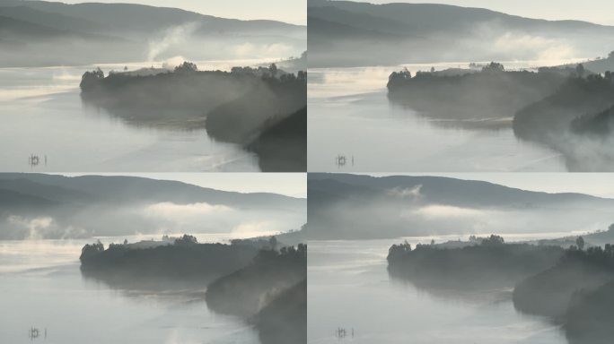 水雾缭绕的山村湖泊延时