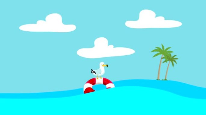 卡通海鸥站在救生圈上漂浮在海浪与远处的岛屿之间