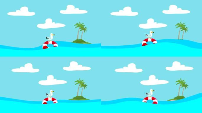 卡通海鸥站在救生圈上漂浮在海浪与远处的岛屿之间