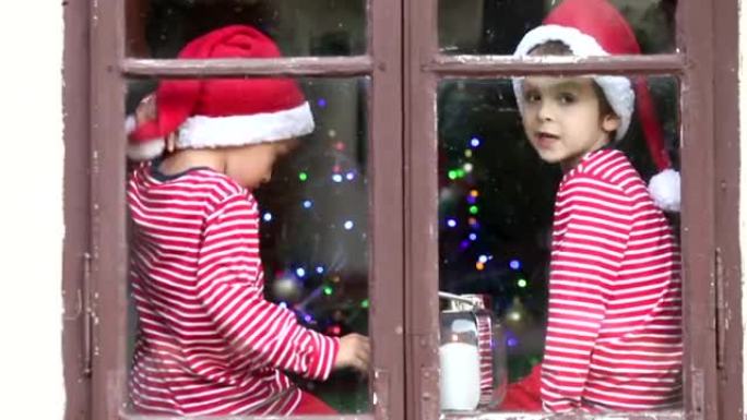 两个孩子，男孩，白天坐在窗户上，不耐烦地等待圣诞节，身后的五颜六色的树