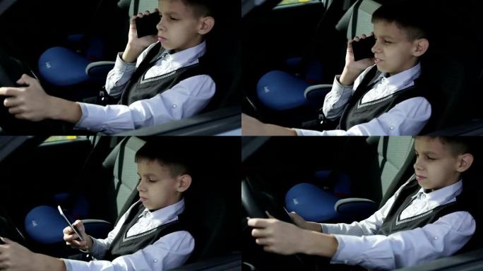 严肃的男生坐在汽车方向盘后面的时候正在打电话。