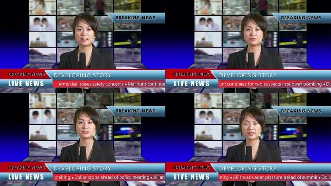 亚裔美国新闻主播在演播室以低三分之一，直播新闻概念