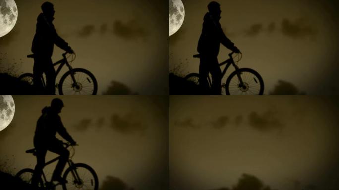 活跃的骑自行车的人在月光下骑自行车