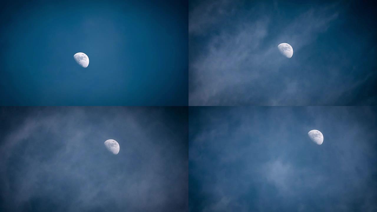 月亮在云层后面的天空上移动