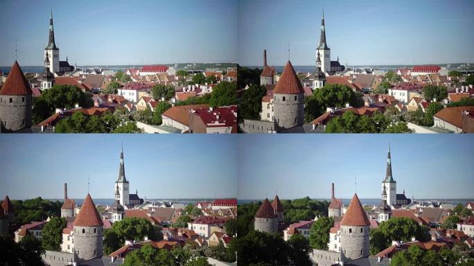 从古老的城市尖峰教堂和古塔的观景台上的城市全景。塔林。爱沙尼亚