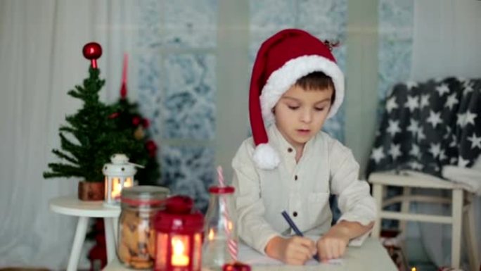 学龄前儿童，男孩，在家给圣诞老人写信，在户外下雪，吃饼干