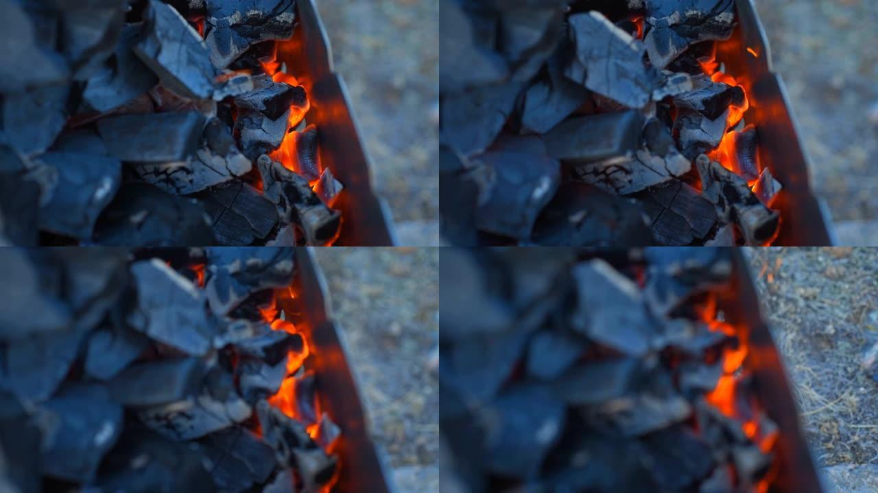 在火盆烤架上燃烧的煤。