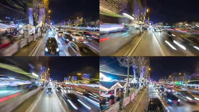 法国之夜巴黎圣诞市场旅游巴士香榭丽舍街景全景4k延时