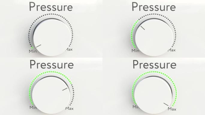 将带有压力铭文的白色高科技旋钮从最小到最大。概念全高清剪辑
