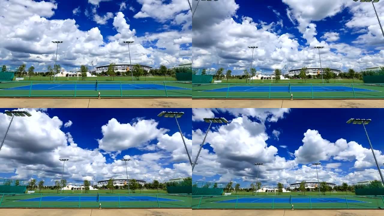 蓝天云彩室外空网球场的延时