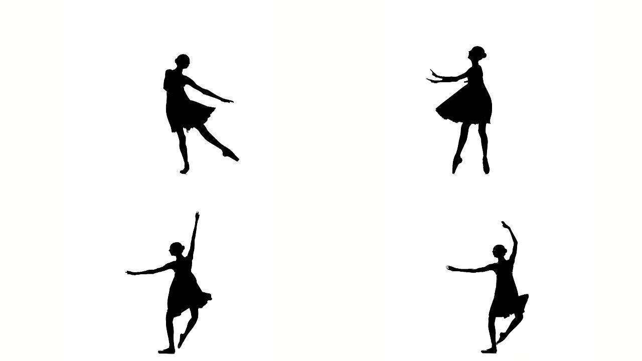 芭蕾舞女演员在白色背景上摆姿势。轮廓。慢动作