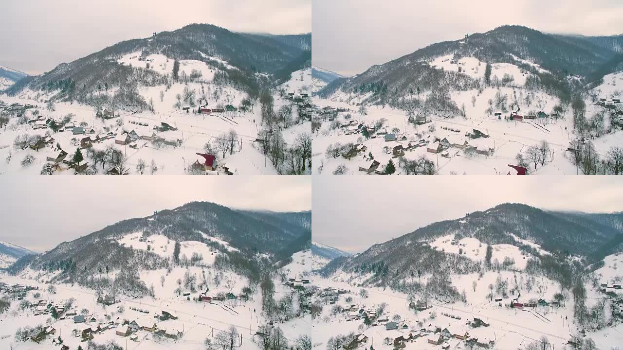 4k山村，民居被大雪覆盖，冬季逐日落下