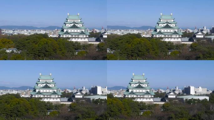 在晴朗的蓝天中泛观Nagoyajo城堡和城市地平线。