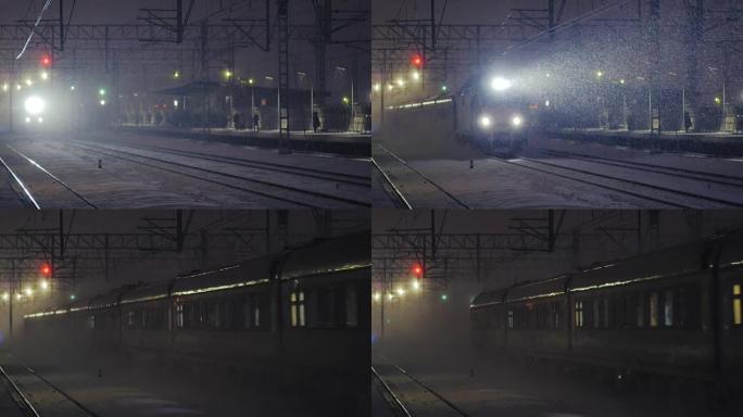 火车在雪地中经过车站 (慢动作)