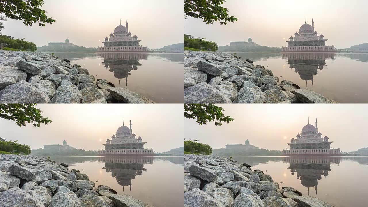 布城清真寺，马来西亚布城。时间流逝。日出。放大。