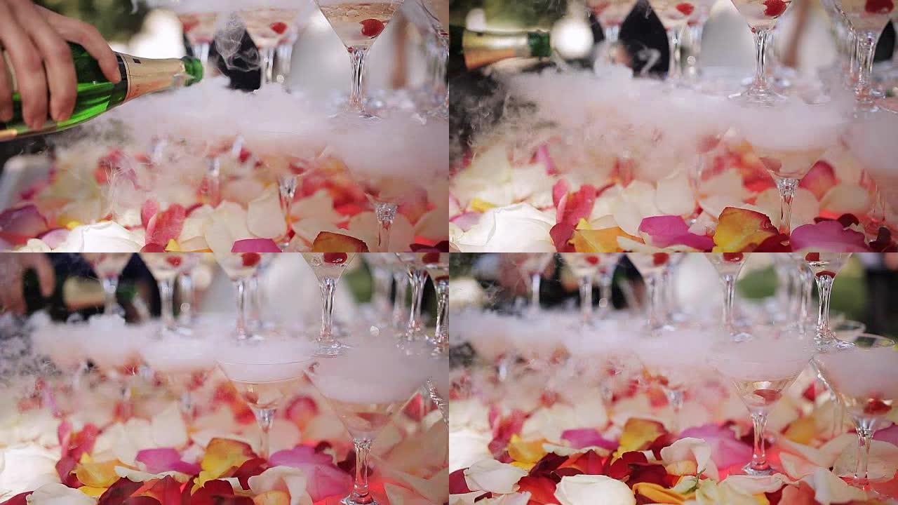 派对香槟幻灯片。婚礼上幻灯片形式的香槟和干冰眼镜