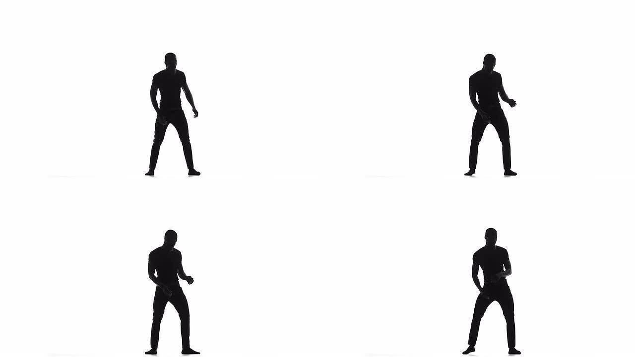 美国黑人男子舞者赤脚在白色的，慢动作，剪影拉丁舞