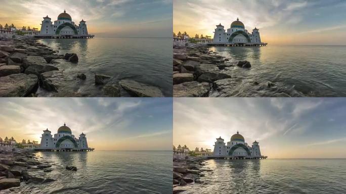 马六甲海峡清真寺美丽日出的延时镜头，彩云不断变化。