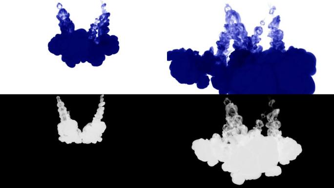 大量流动的孤立的蓝色墨水注入。蓝色水粉在水中卷曲，以慢动作拍摄。用于漆黑的背景或带有烟雾或墨水效果的