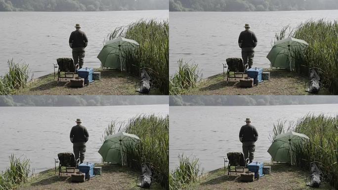 养老金领取者在英国湖畔钓鱼