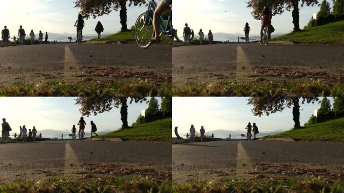 温哥华海滨骑自行车的女孩