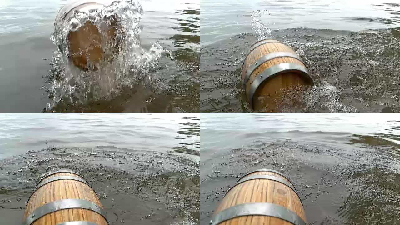 一桶木头漂浮在海中的波浪上