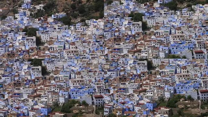 摩洛哥蓝色小镇切夫沙万·乔万的广角景观拍摄