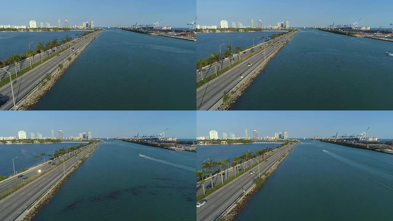 迈阿密麦克阿瑟堤道的空中拍摄